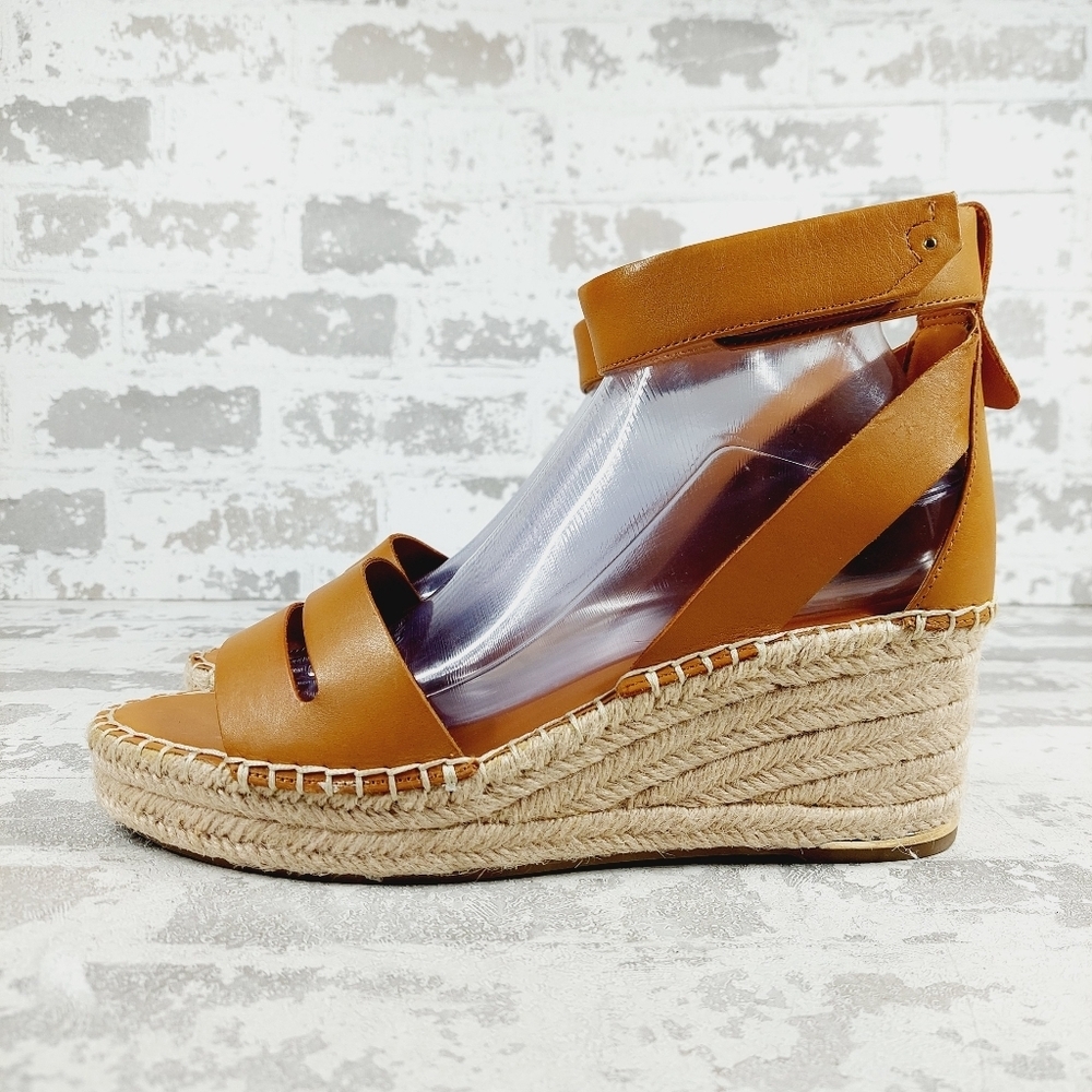 New Franco Sarto Callia Tan Leather Ankle Strap Wedge Sandal T489